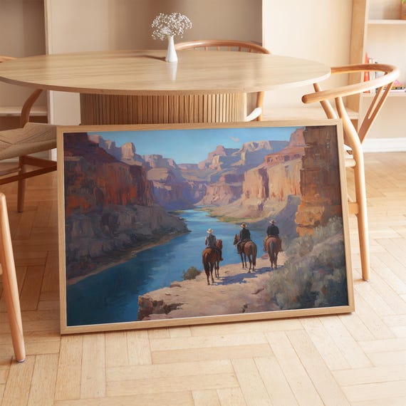 Western Canyon Painting With Cowboys On Horseback River Landscape Art Wild West Wall Decor Rustic Scene Cowboy Country Print