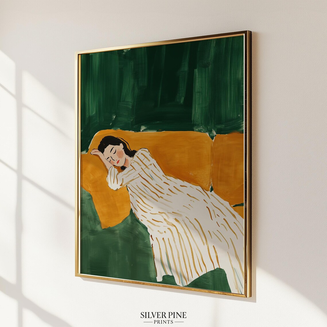 Sleeping Woman on Orange Couch Against Emerald Green Wall Poster - Image 2