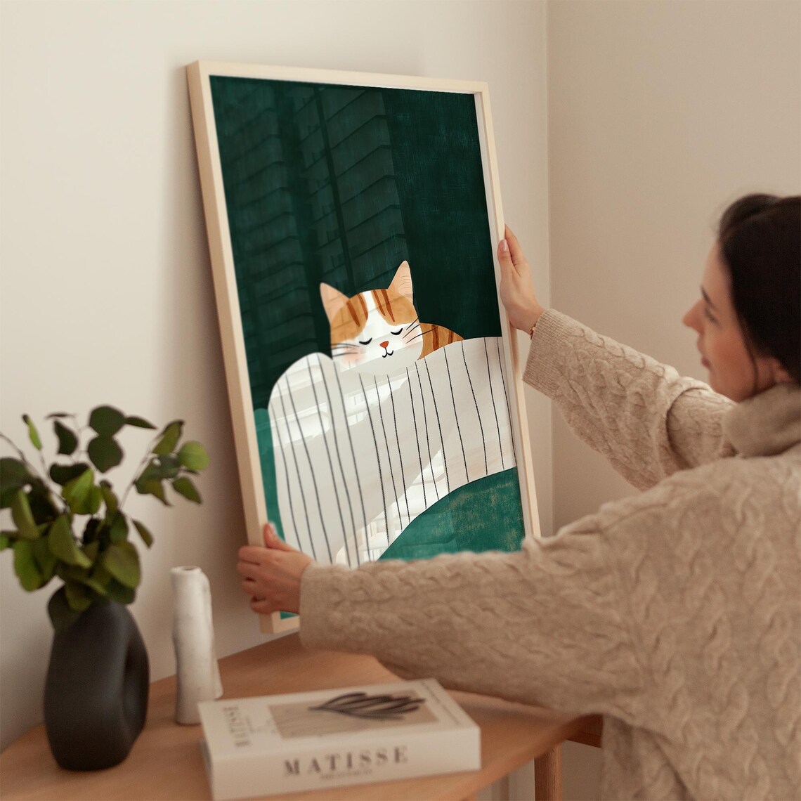Cute Orange Tabby Cat Napping Under Striped Blanket Art Poster - Image 5