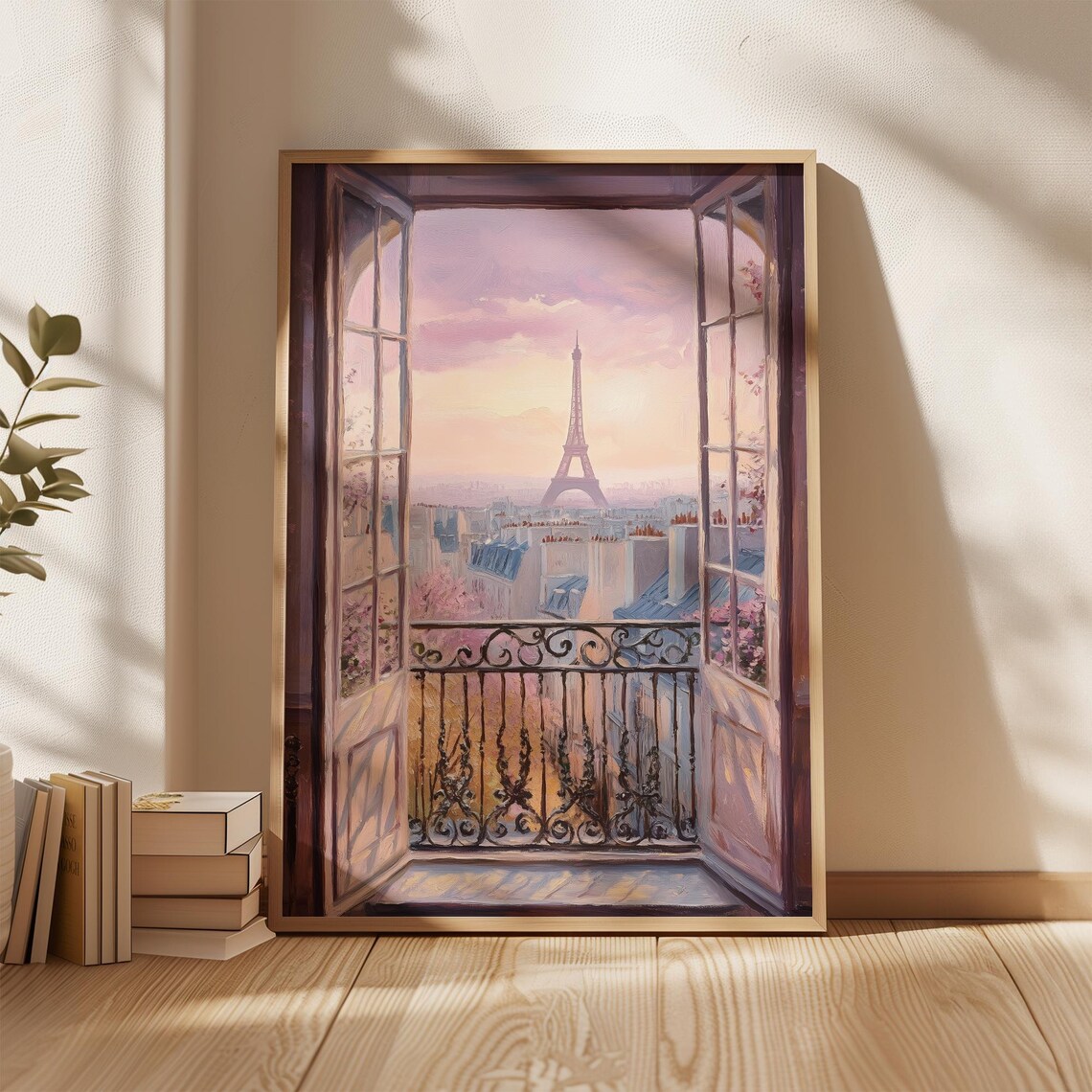 Paris Eiffel Tower Through Open French Windows Pastel Sunset View Poster