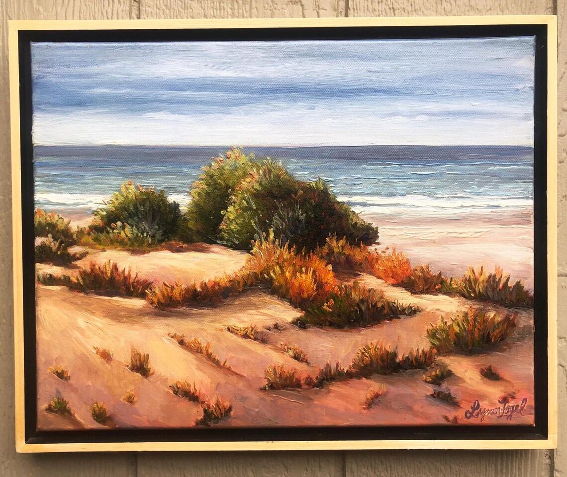 California Beach Dunes Golden Grasses Ocean Waves Oil Painting Poster
