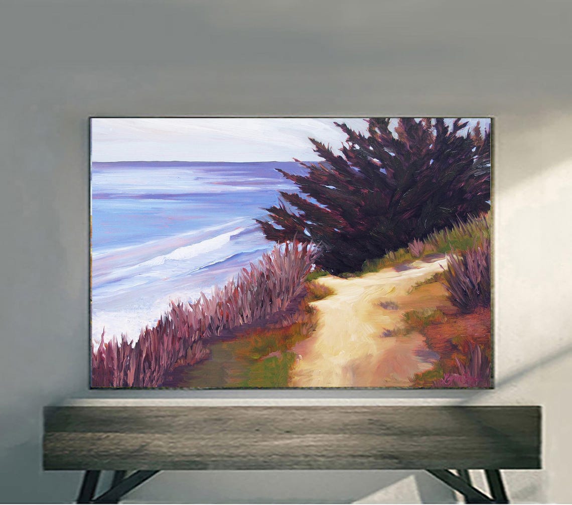 Ellwood Beach Cypress Tree Bluff Path Misty Ocean Painting Poster