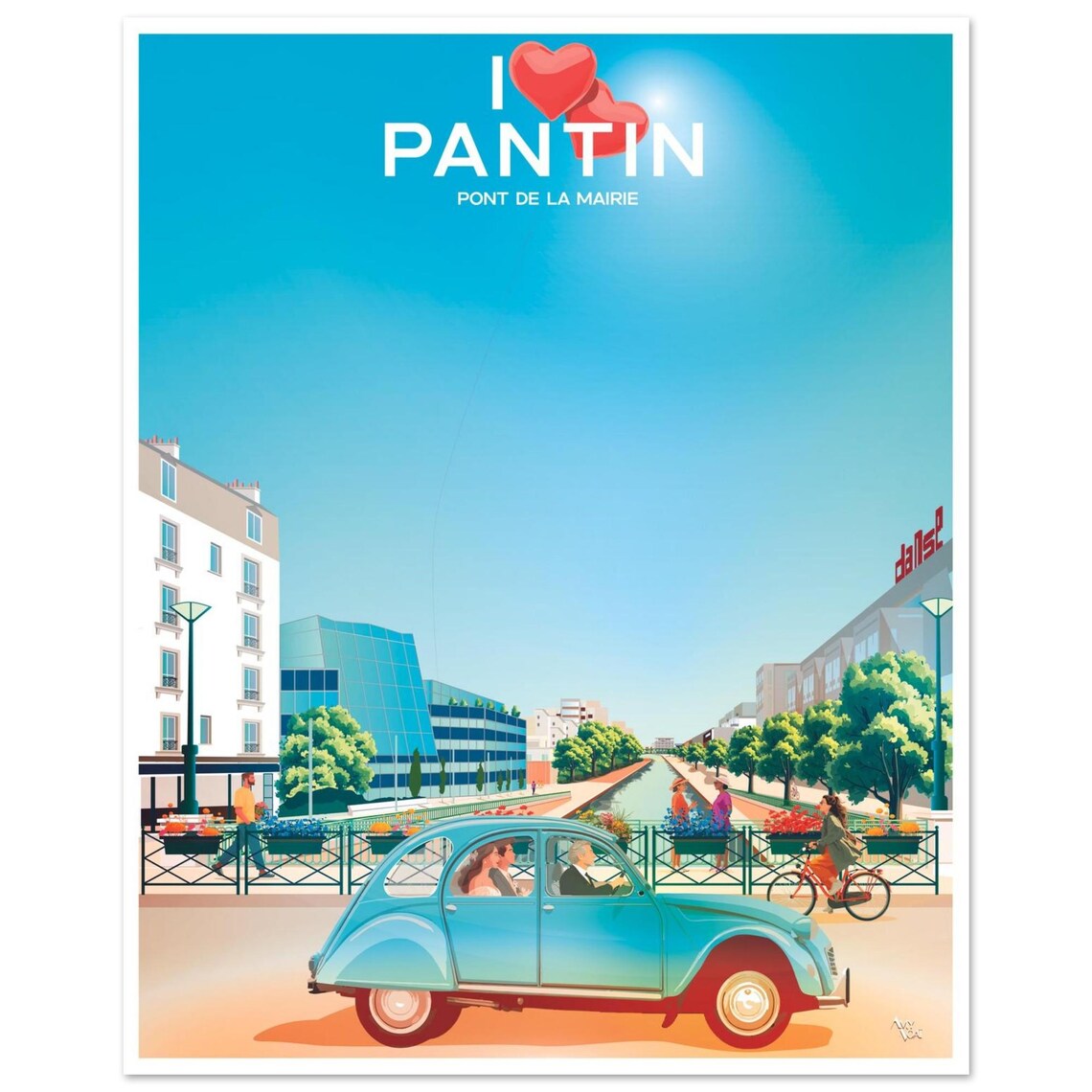 I Love Pantin Pont De La Mairie Vintage Car Canal Travel Poster