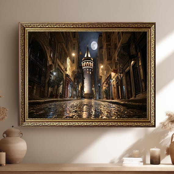 Galata Tower Istanbul Wall Art With Full Moon And Night Street Scene Historical Turkish Cityscape Canvas Print For Home Decor