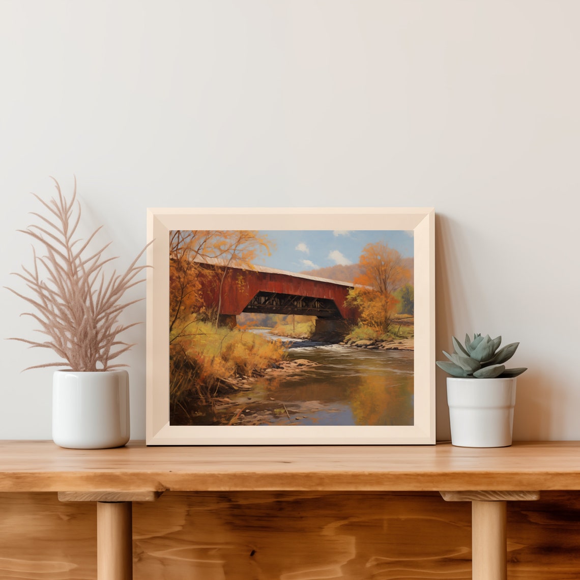 Red Covered Bridge Over an Autumn River Landscape Scene Poster - Image 5