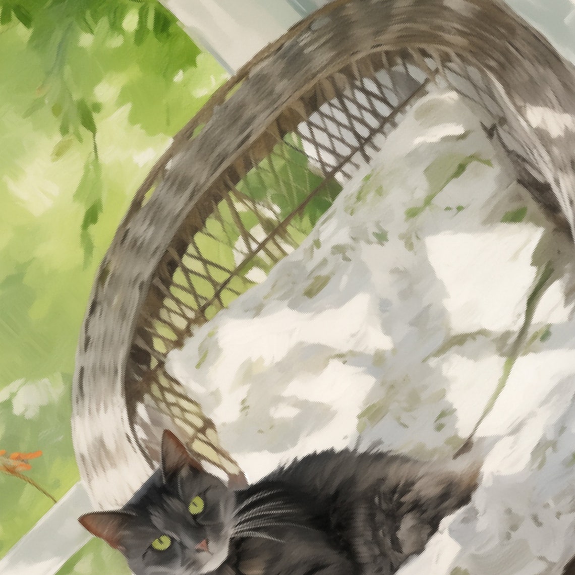 Gray Cat Resting On A Wicker Chair On A Sunny Summer Porch Poster - Image 5
