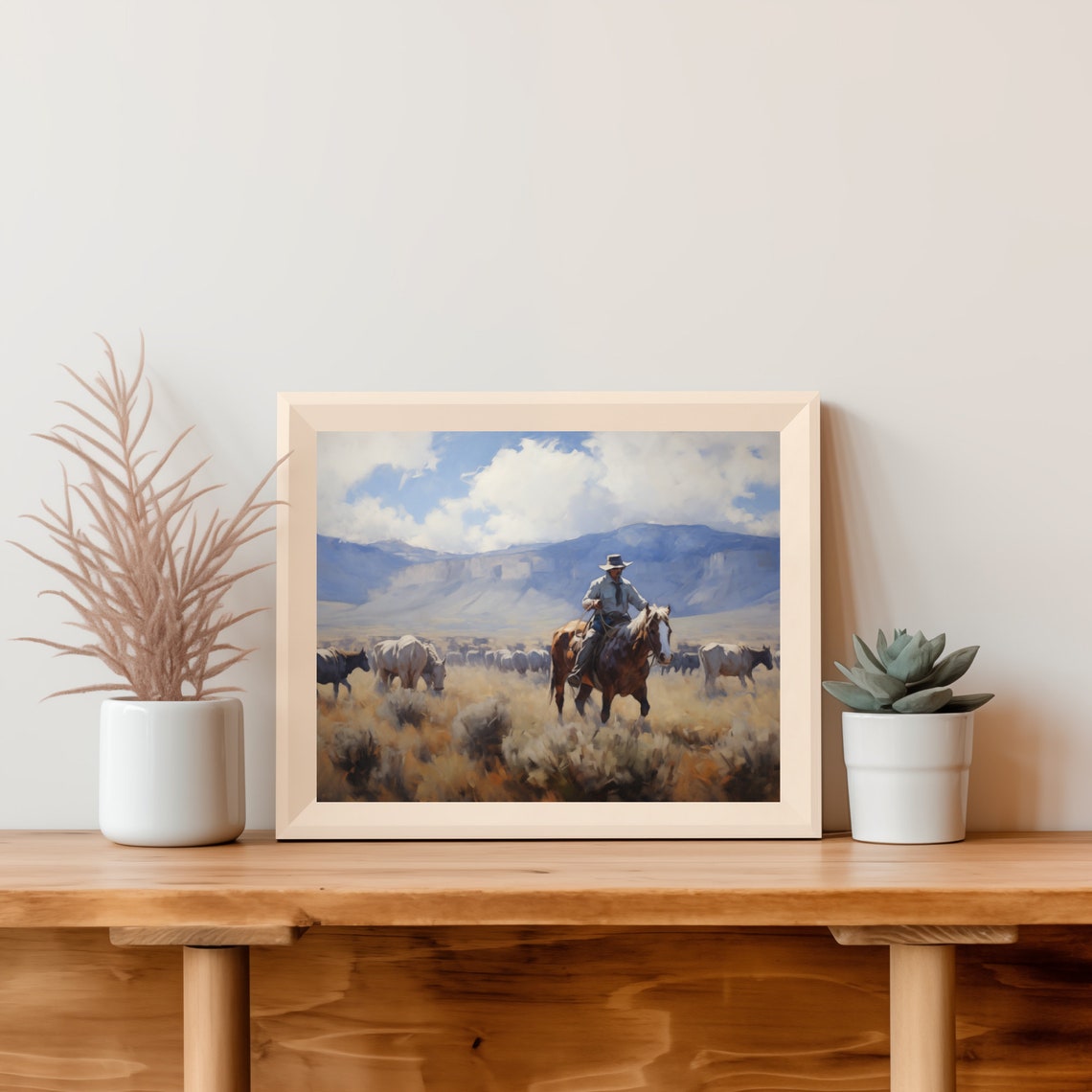 Cowboy On Horseback Herding Cattle In Western Plains Art Poster - Image 5