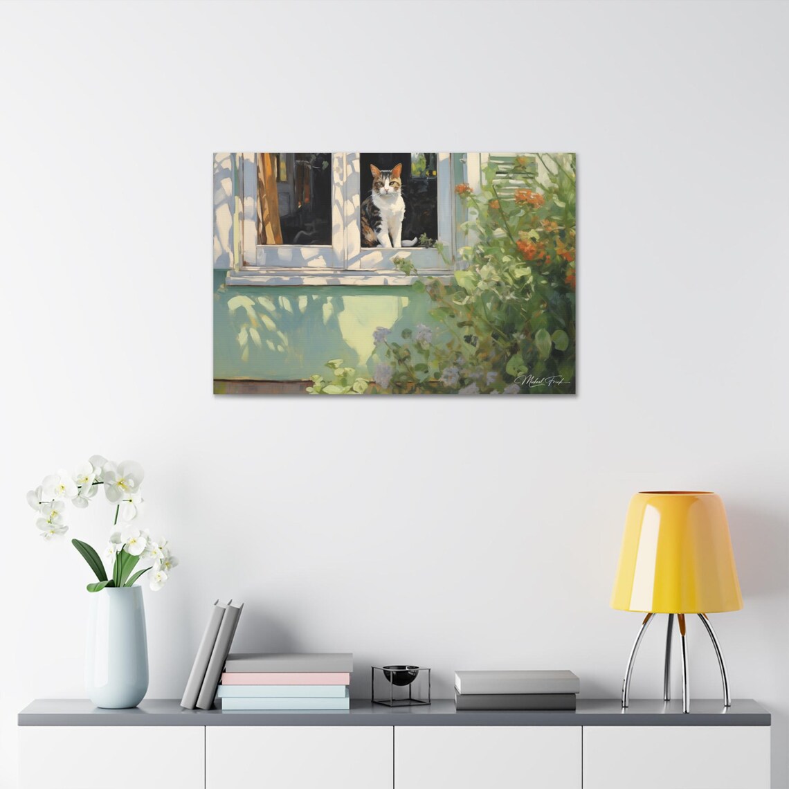 Sunlit Tabby Cat Sitting in Cottage Window Flower Art Poster - Image 7