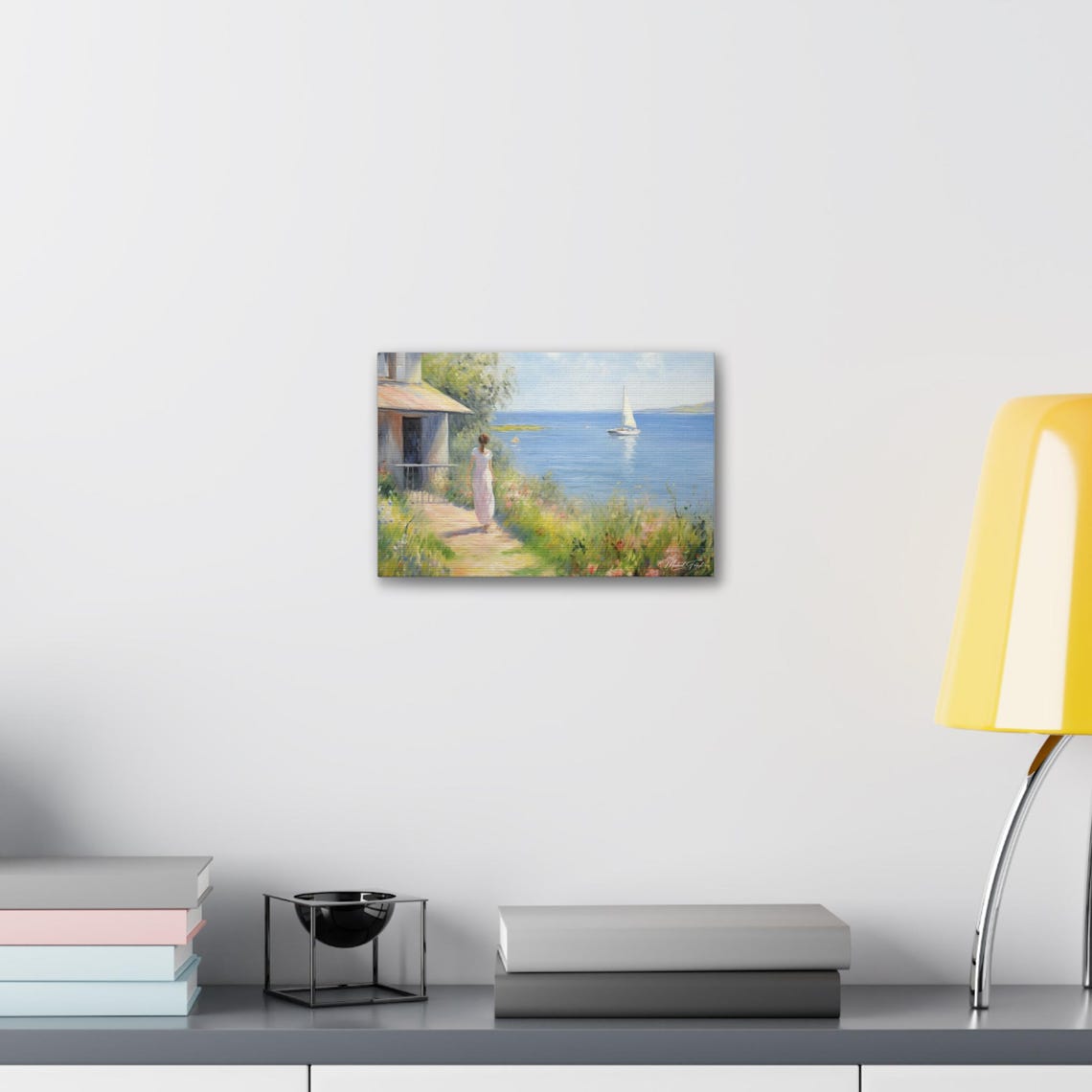 Woman Strolling Toward The Sea With Sailboat Coastal Wall Art - Image 6