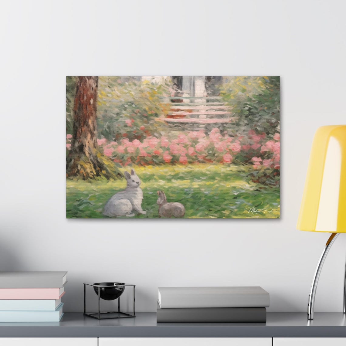 Two Rabbits Relaxing In A Flower Garden By A Cottage Wall Art