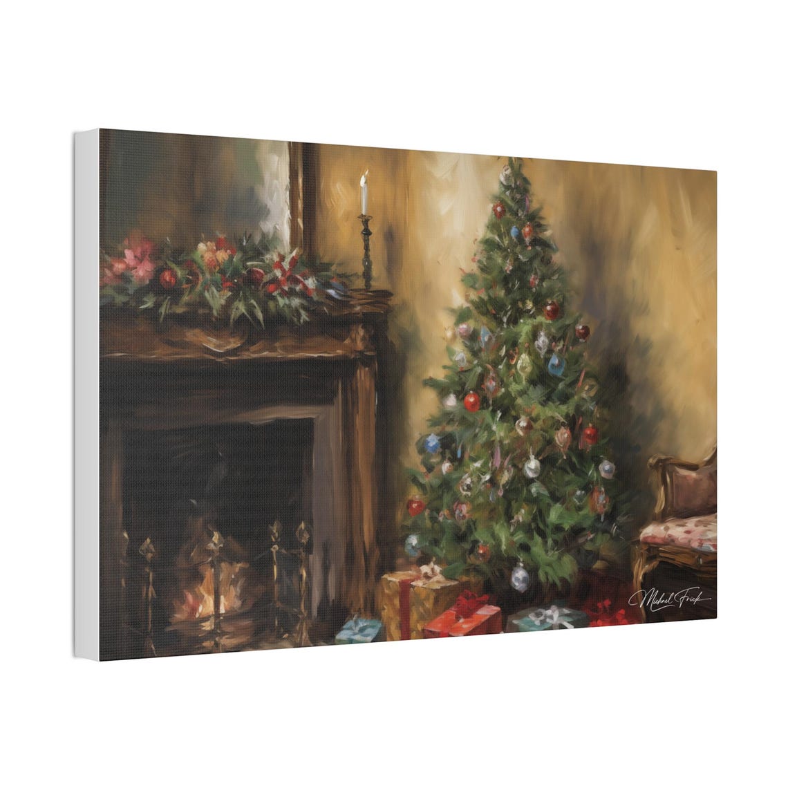 Christmas Tree by the Fireplace Holiday Home Scene Art Poster - Image 4