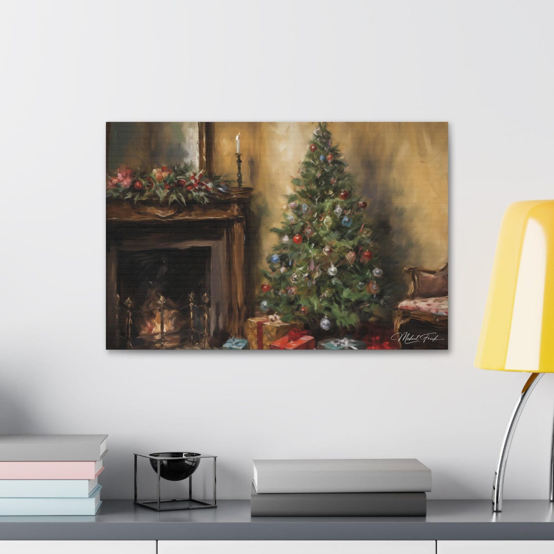 Christmas Tree by the Fireplace Holiday Home Scene Art Poster