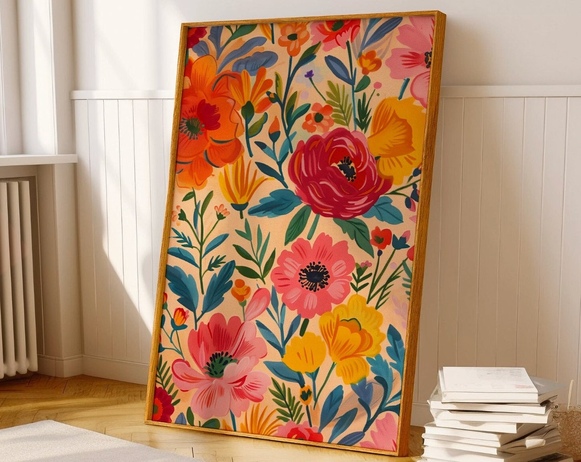 Bold Orange Pink Floral Pattern Modern Botanical Garden Art Poster