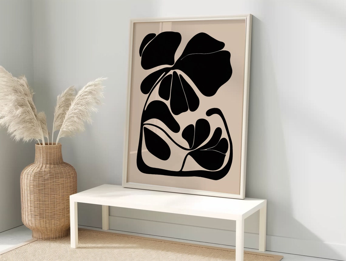 Moody Black Botanical Abstract Beige Modern Minimalist Wall Poster - Image 3