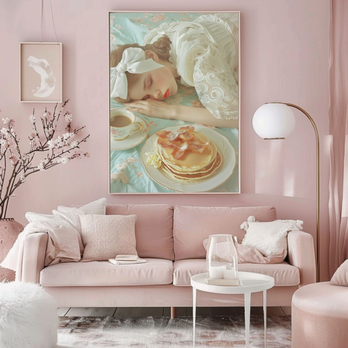 Sleeping Girl with Pancakes and Bacon Dreamy Breakfast Art Poster