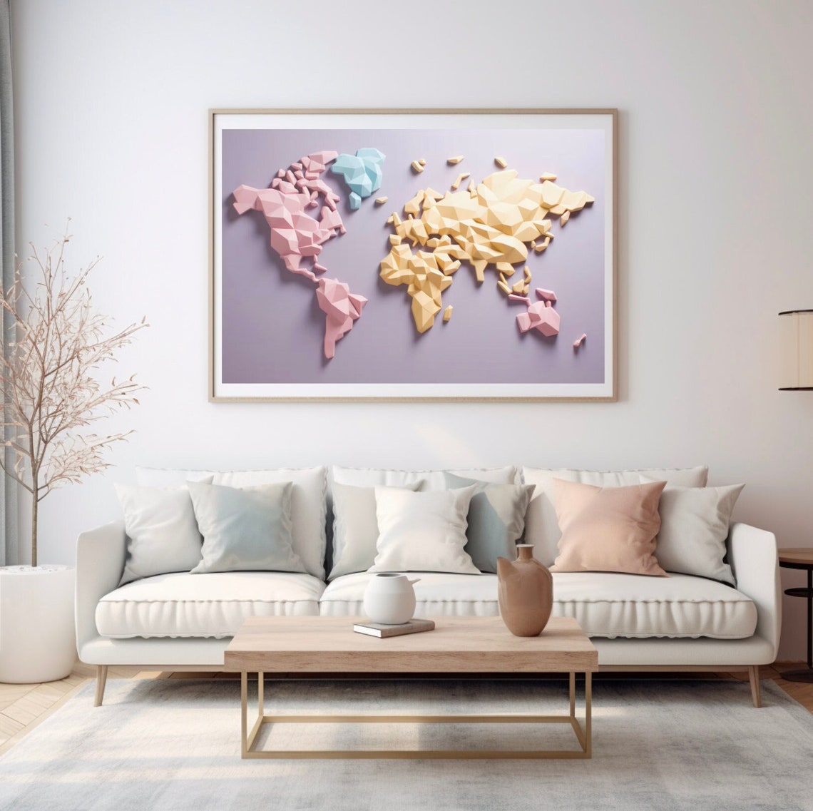 Pastel Low Poly Geometric World Map on a Lavender Background Poster