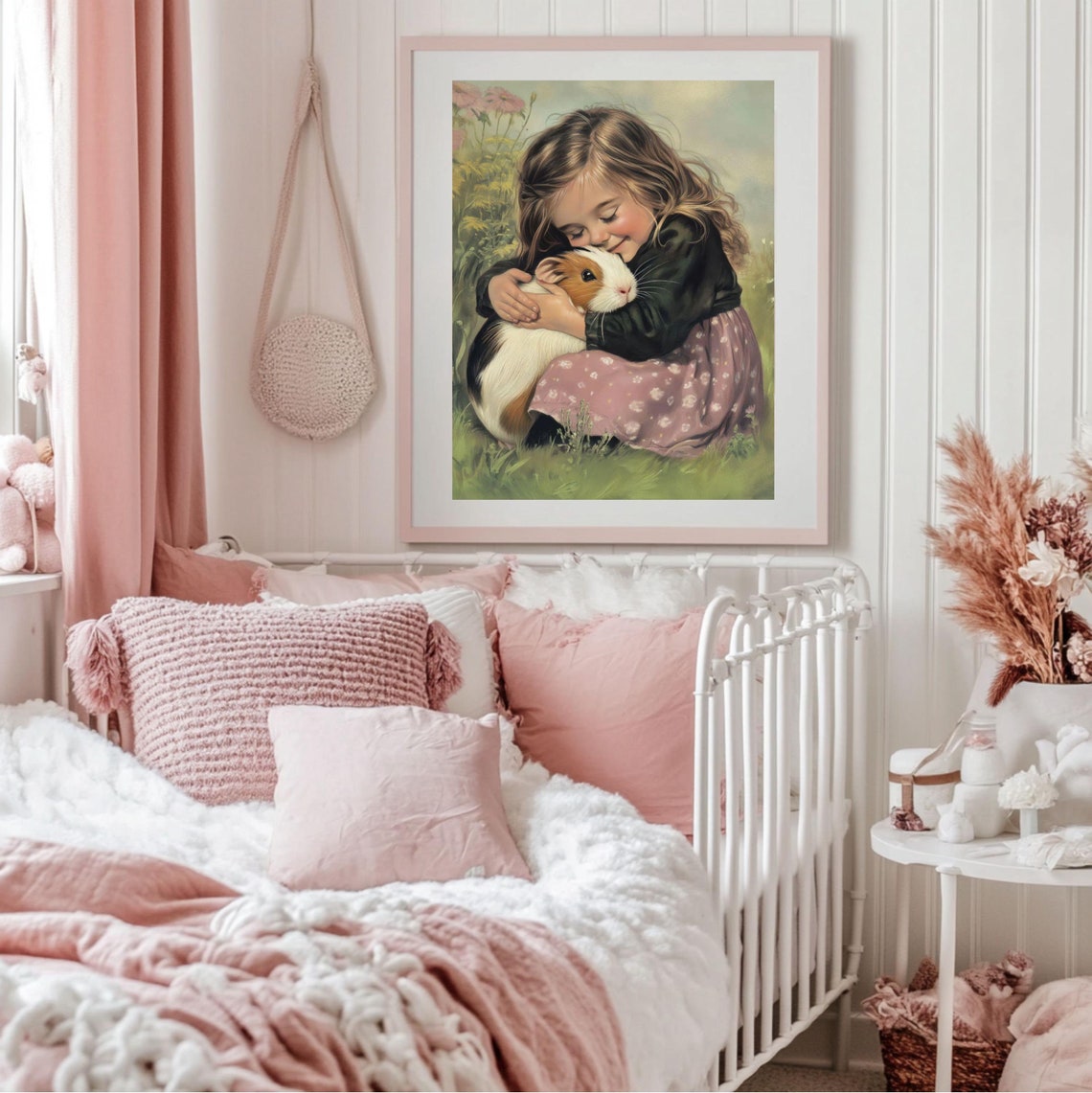 Girl And Her Guinea Pig Wall Art Cute Animal Art Childrens Room Decor Cute Pet Poster Animal Lover Wall Art Kids Bedroom Decoration