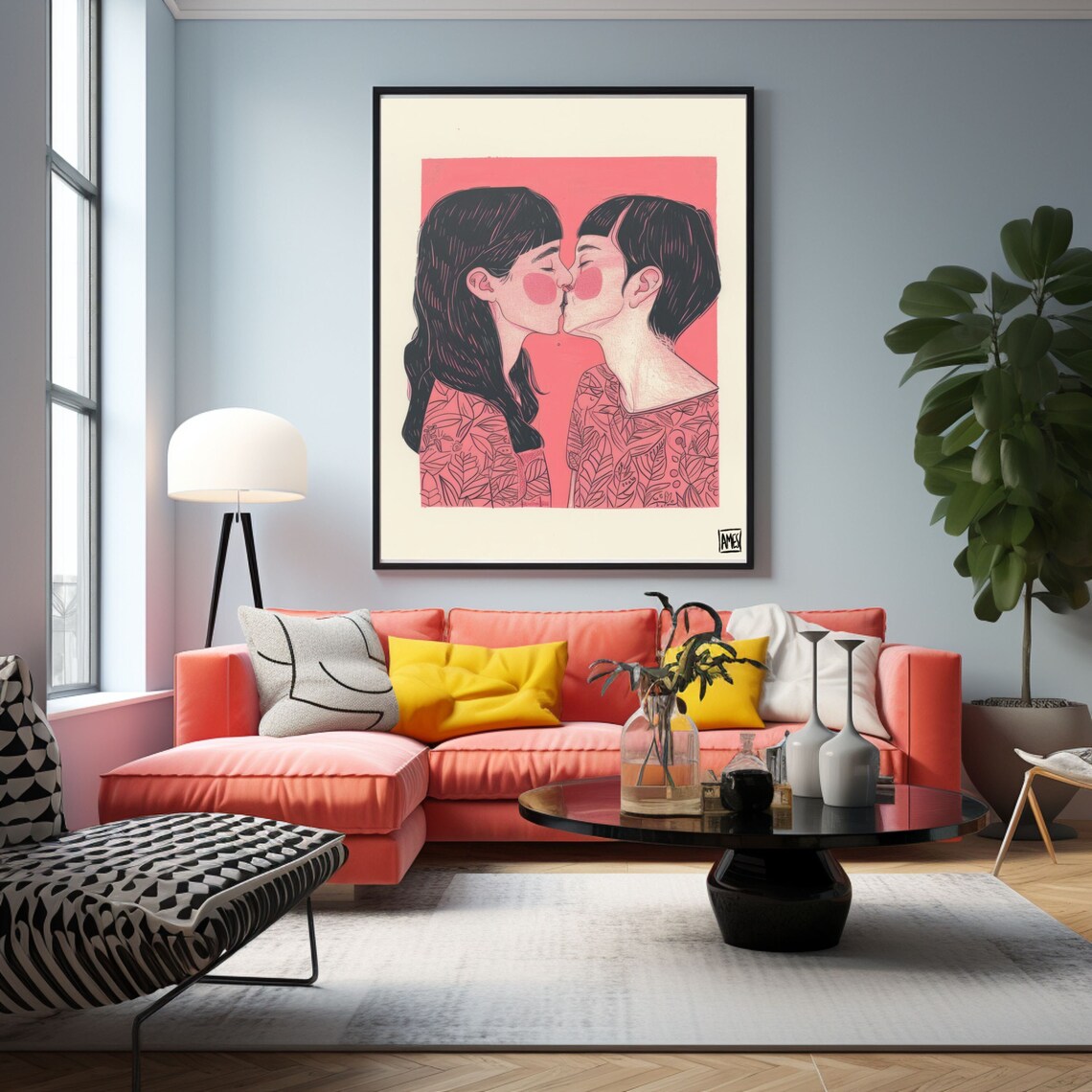 Two Girls Sharing a Kiss in Pink Minimalist Illustration Poster