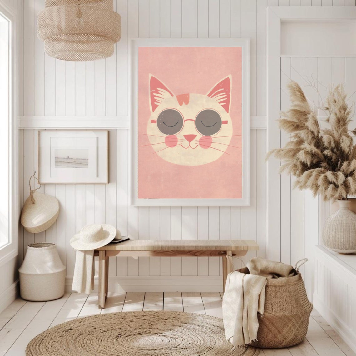 Happy Pink Cat Face Wearing Round Sunglasses Kawaii Style Poster