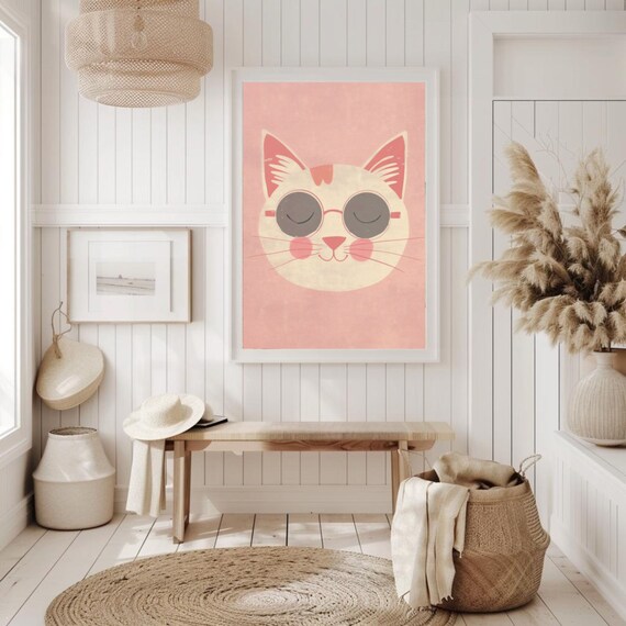 Happy Pink Cat Face Wearing Round Sunglasses Kawaii Style Poster