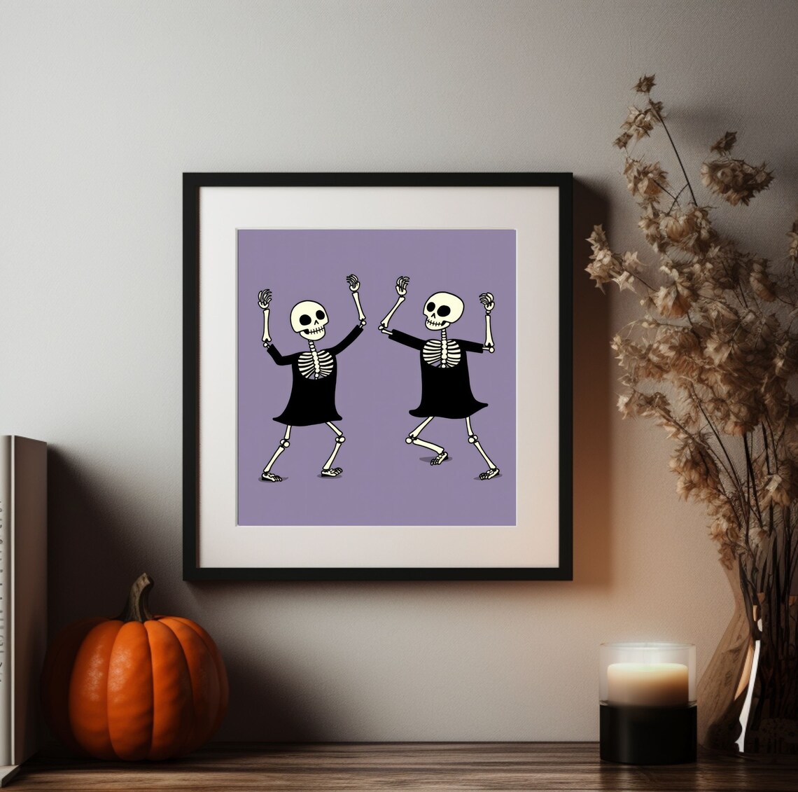 Two Dancing Skeletons Purple Background Cute Halloween Art Poster