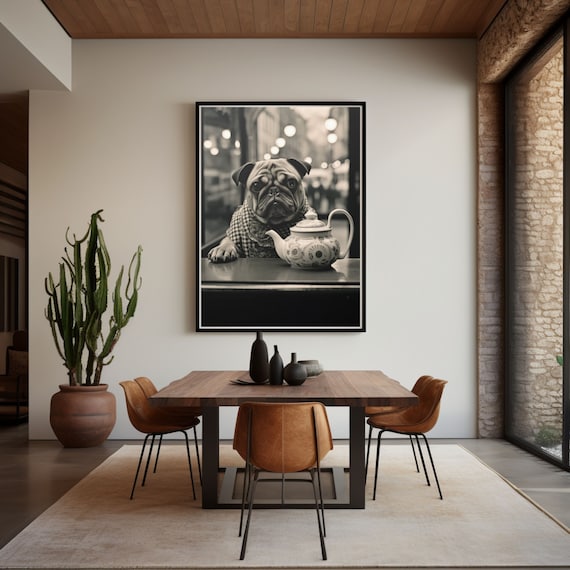 Pug And A Teapot Wall Art Funny Black And White Pug Poster Kitchen Decor