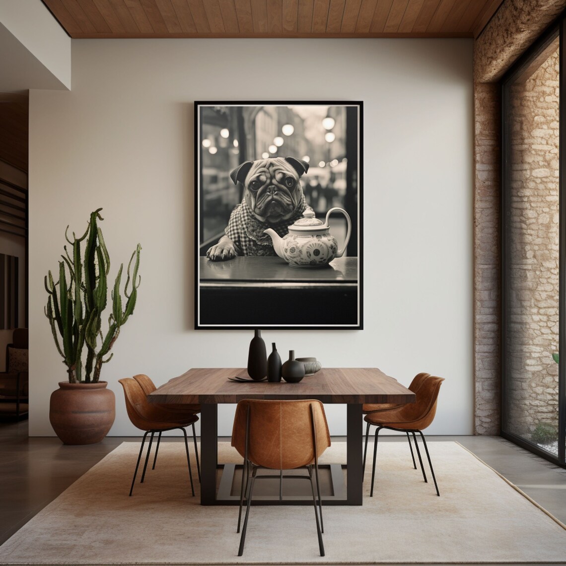 Pug And A Teapot Wall Art Funny Black And White Pug Poster Kitchen Decor
