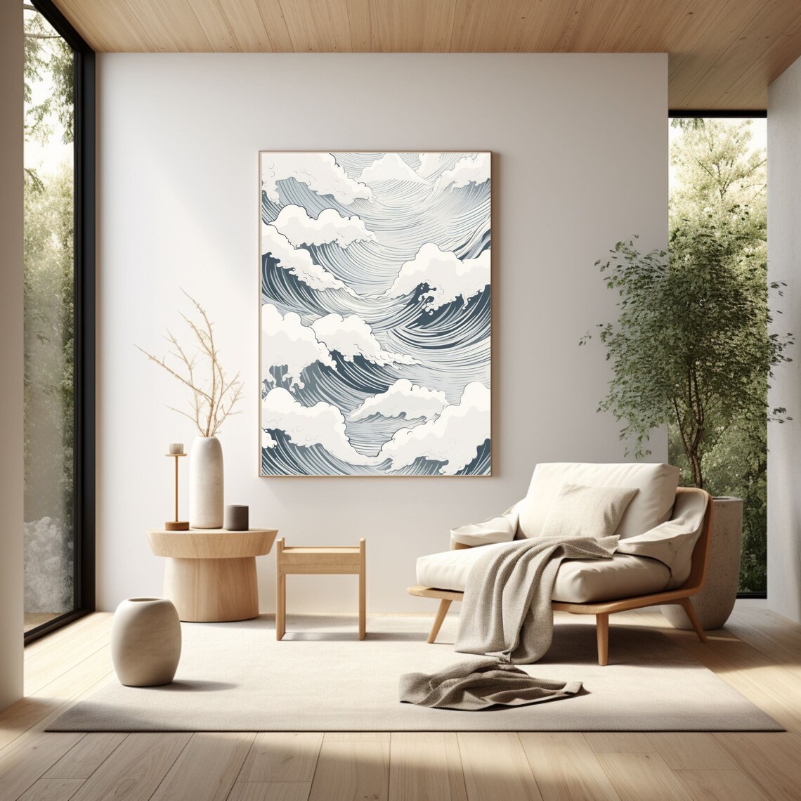 Japanese Style Rolling Ocean Waves Monochrome Woodblock Art Poster