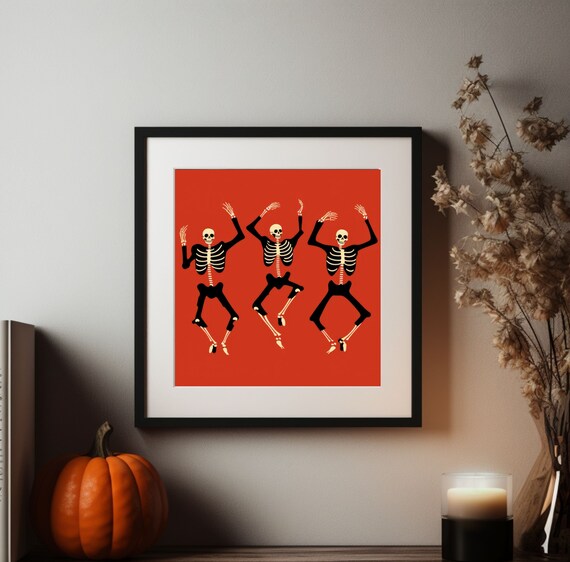 Three Dancing Skeletons Red Background Festive Halloween Art Poster