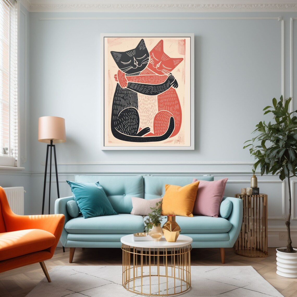 Two Hugging Cats in Black and Orange Bold Linocut Style Poster