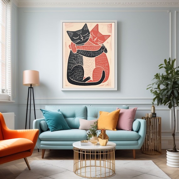 Two Hugging Cats in Black and Orange Bold Linocut Style Poster
