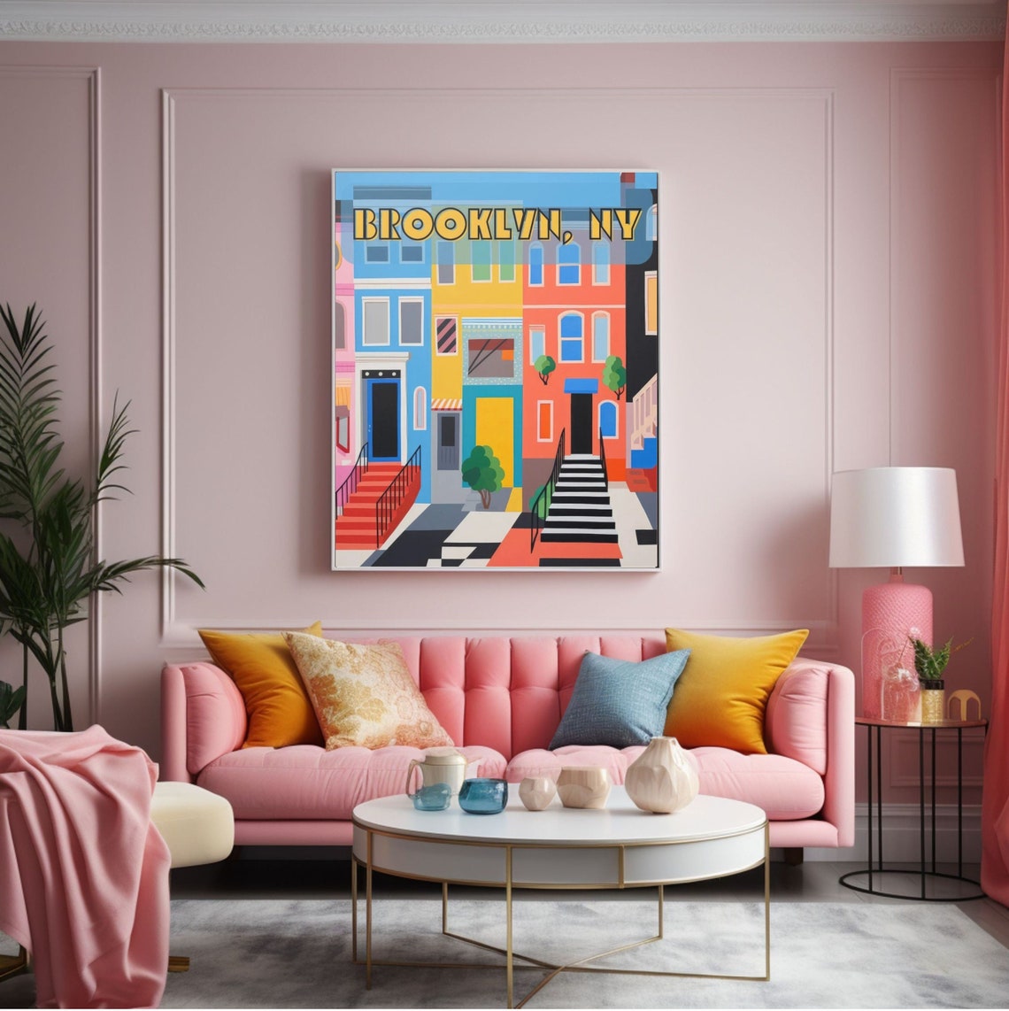 Vibrant Brooklyn NY Brownstone Street Scene Retro Pop Art Poster