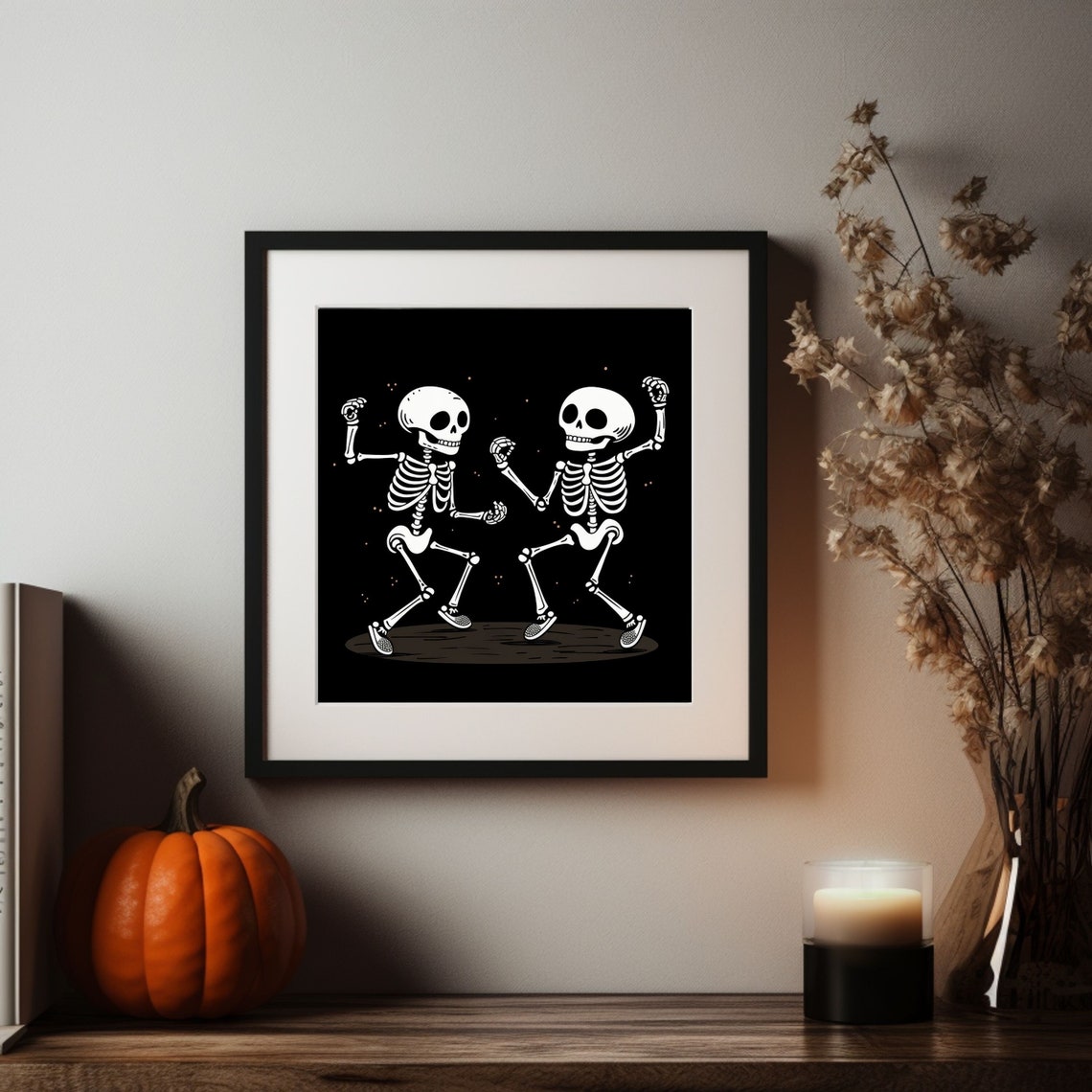 Two Dancing Skeletons Black Night Halloween Moonlight Art Poster