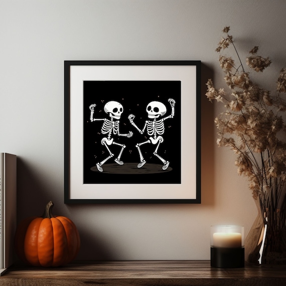 Two Dancing Skeletons Black Night Halloween Moonlight Art Poster