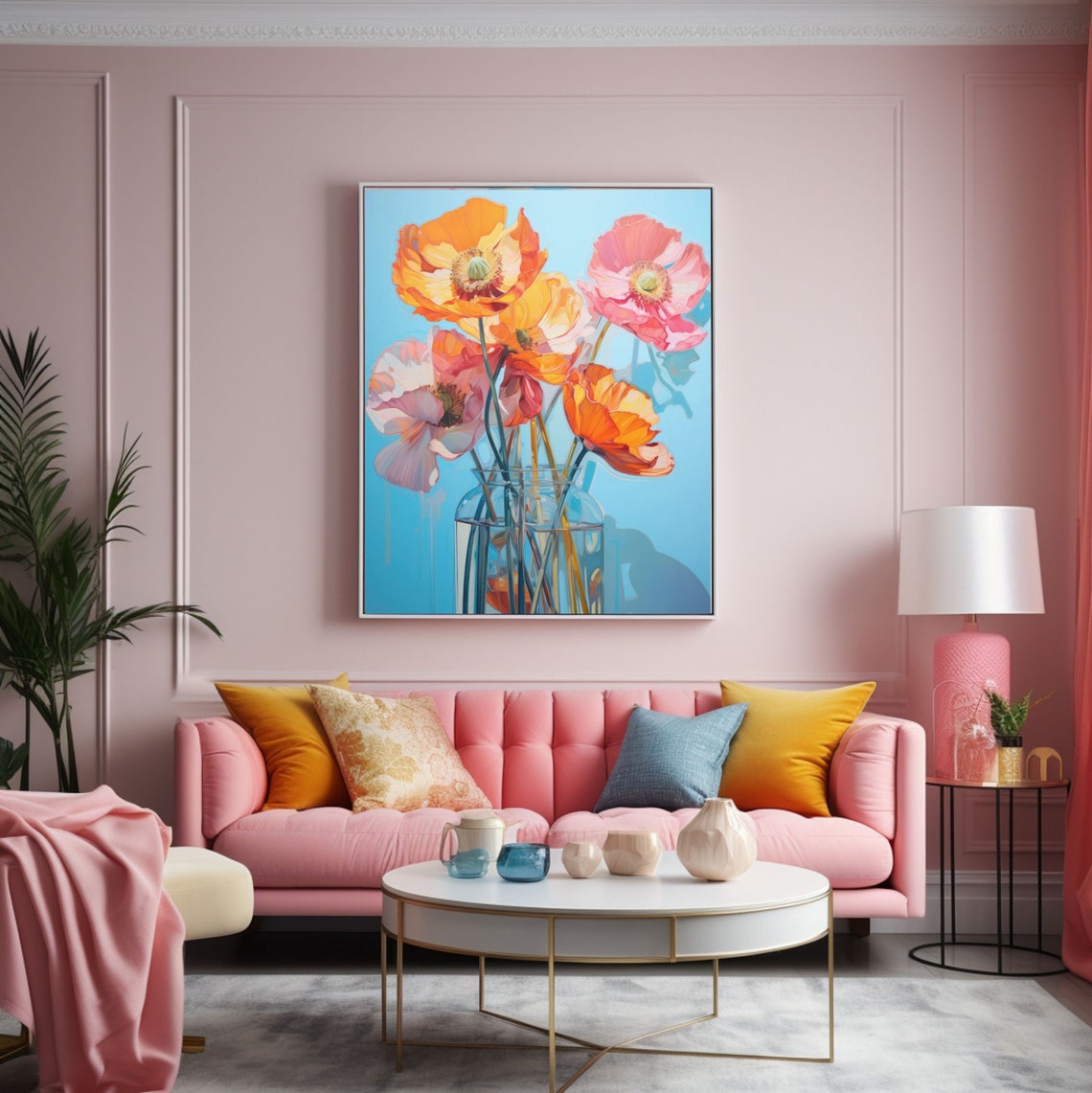 Pastel Poppies in a Glass Vase on a Turquoise Background Poster