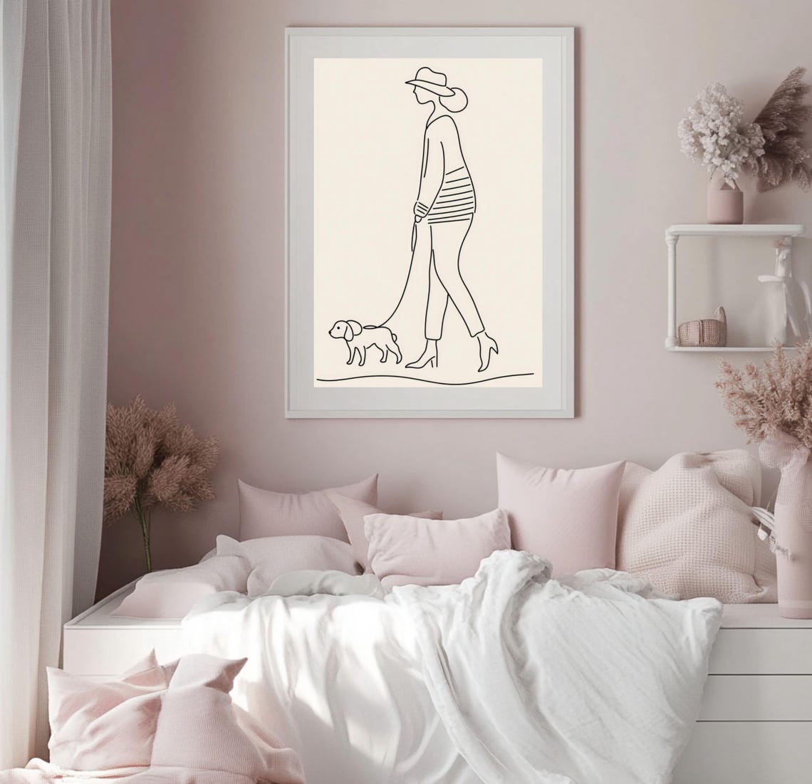 Minimalist Line Drawing of a Woman Walking Her Dog Wall Poster