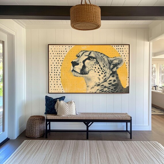 Vintage Cheetah Portrait with Golden Sun Halftone Art Poster