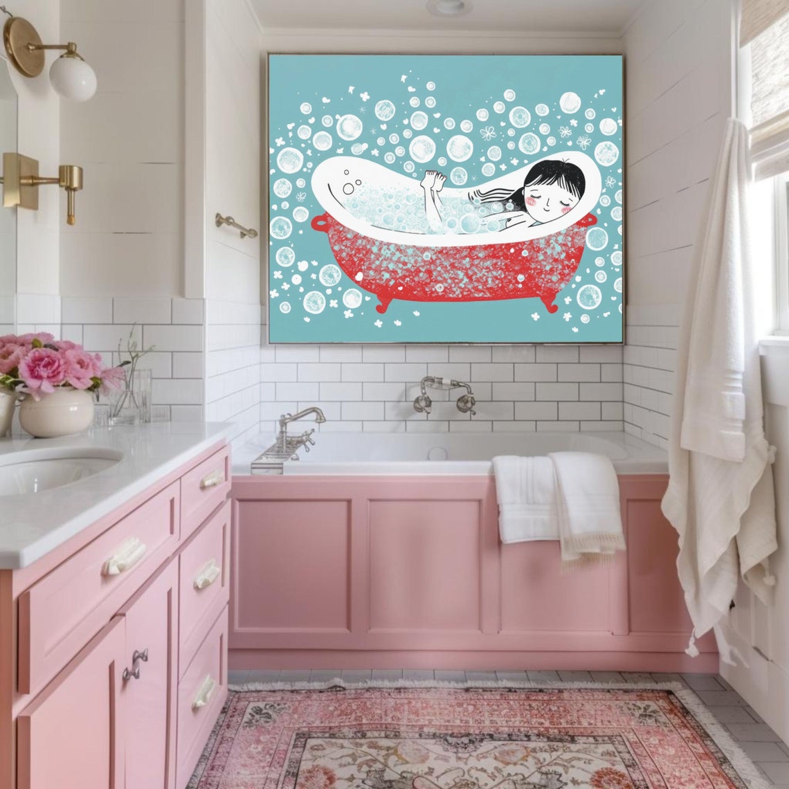 Cute Girl Soaking in a Red Clawfoot Bathtub of Bubbles Poster