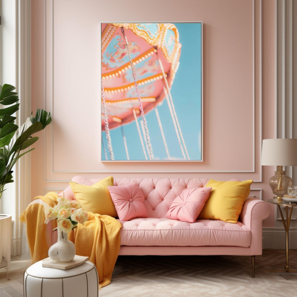 Pink Carousel Swing Ride Against Blue Sky Cute Nursery Art Poster