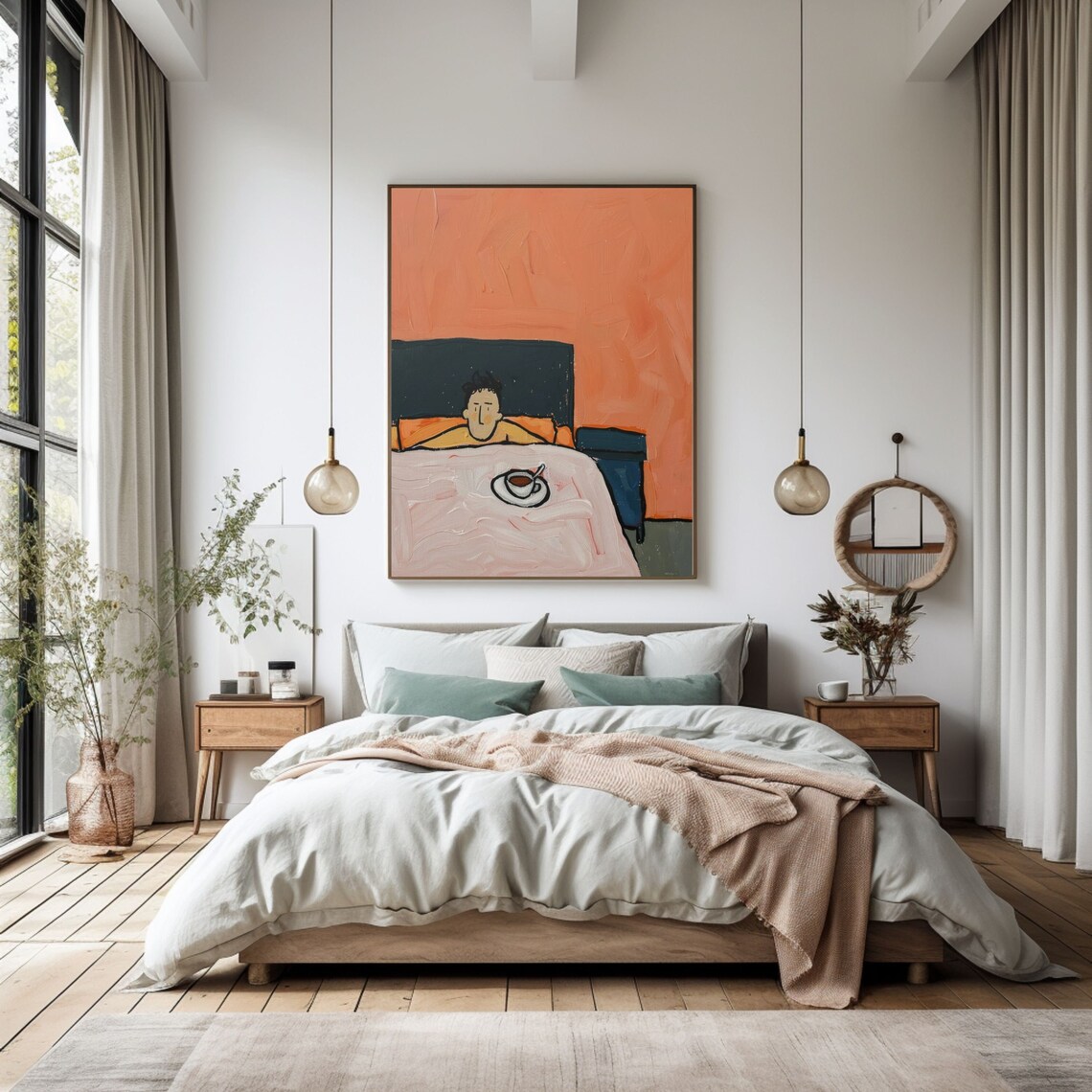 Modern Abstract Painting of a Person With Coffee in Bed Art Poster