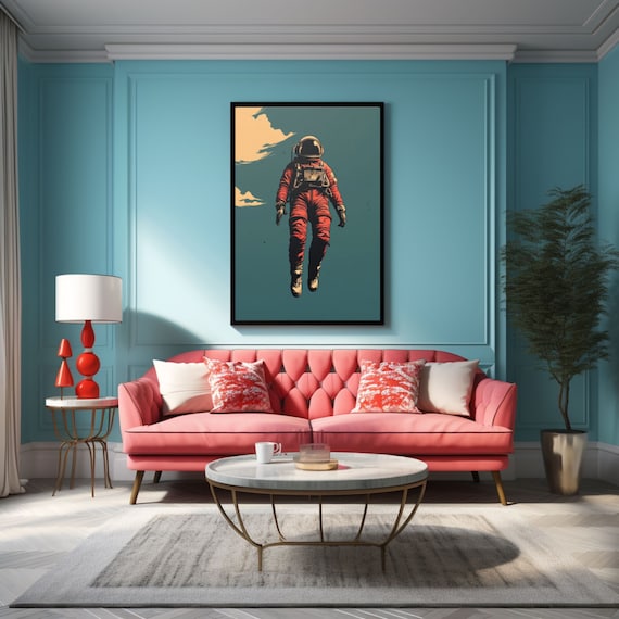 Vintage Astronaut Floating In Red Spacesuit Retro Art Poster