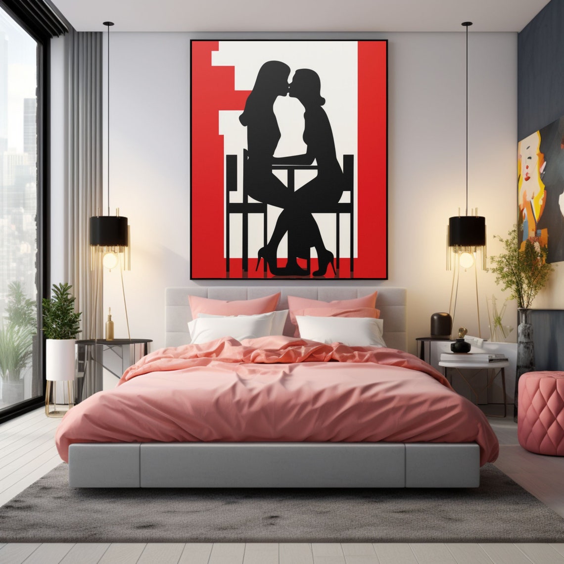 Two Women Kissing In Silhouette Bold Red Modern Graphic Art Poster