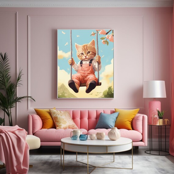 Ginger Kitten in Pink Overalls Riding a Wooden Swing Spring Poster