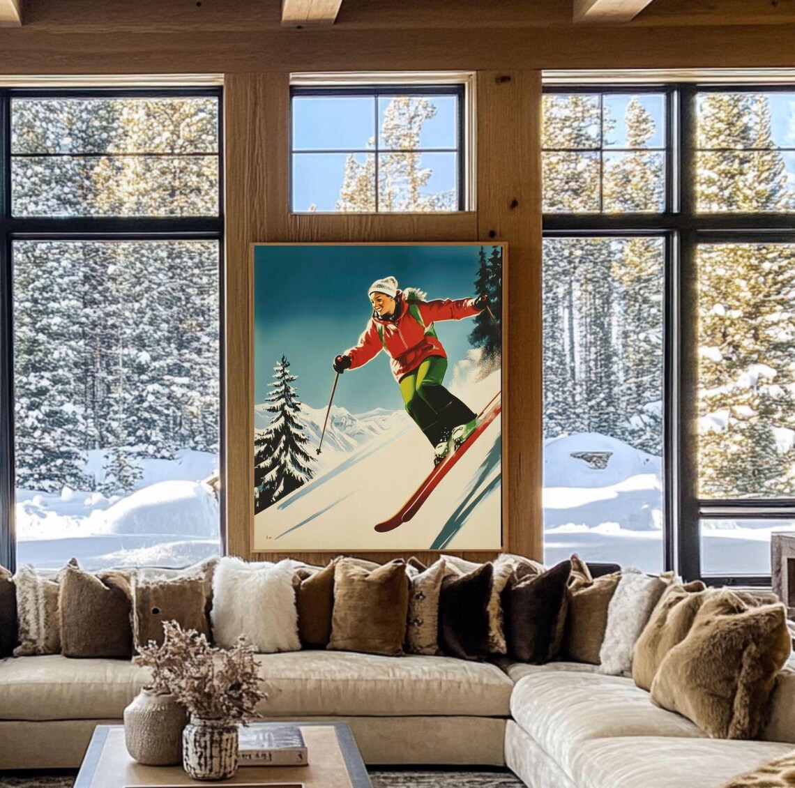 Vintage Skier in Red Retro Winter Ski Alpine Mountain Art Poster
