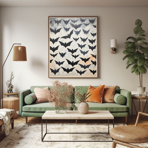 Minimalist Black Flying Bats Pattern on Cream Halloween Wall Poster