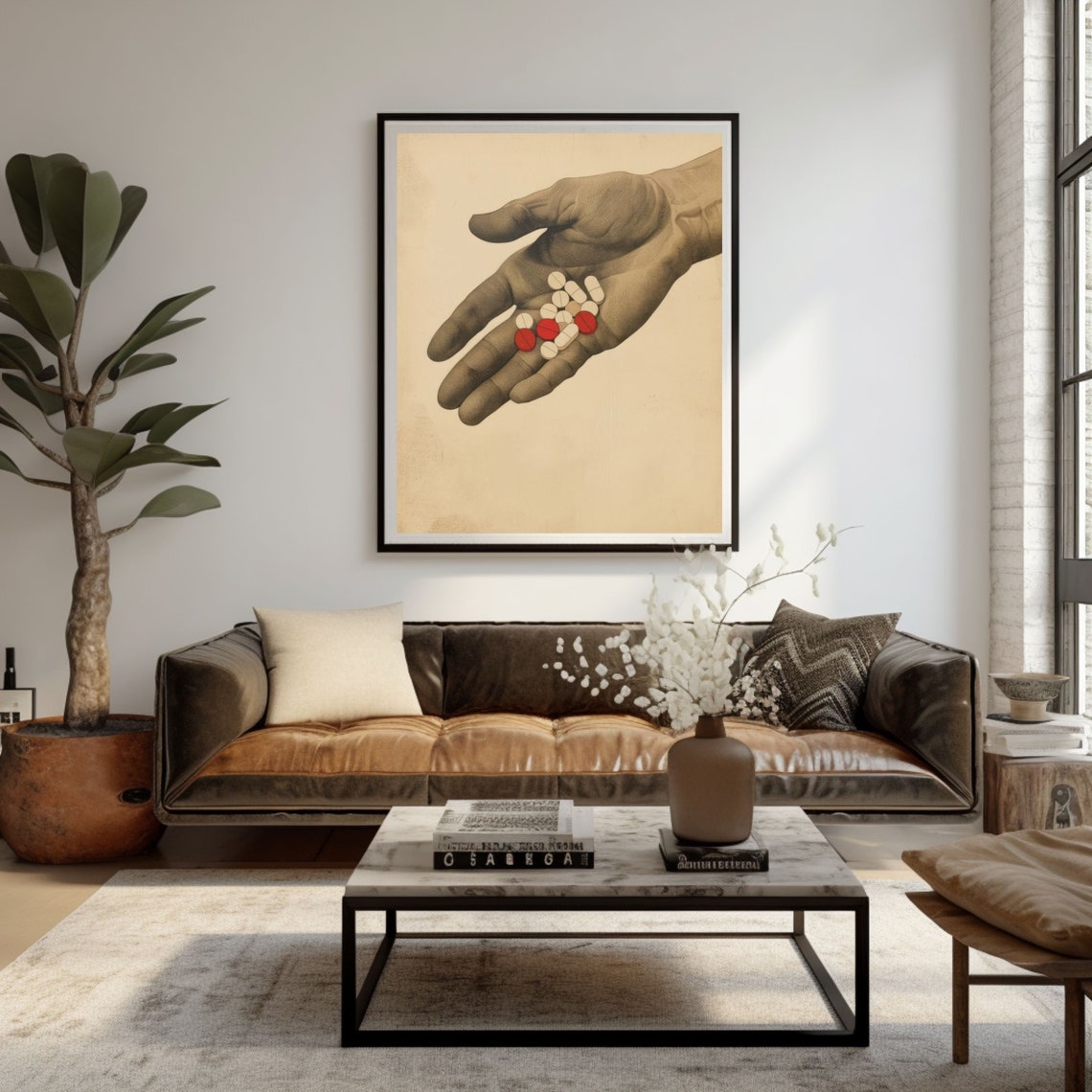 Vintage Hand Holding Pills Poster Minimalist Red Medication Artwork