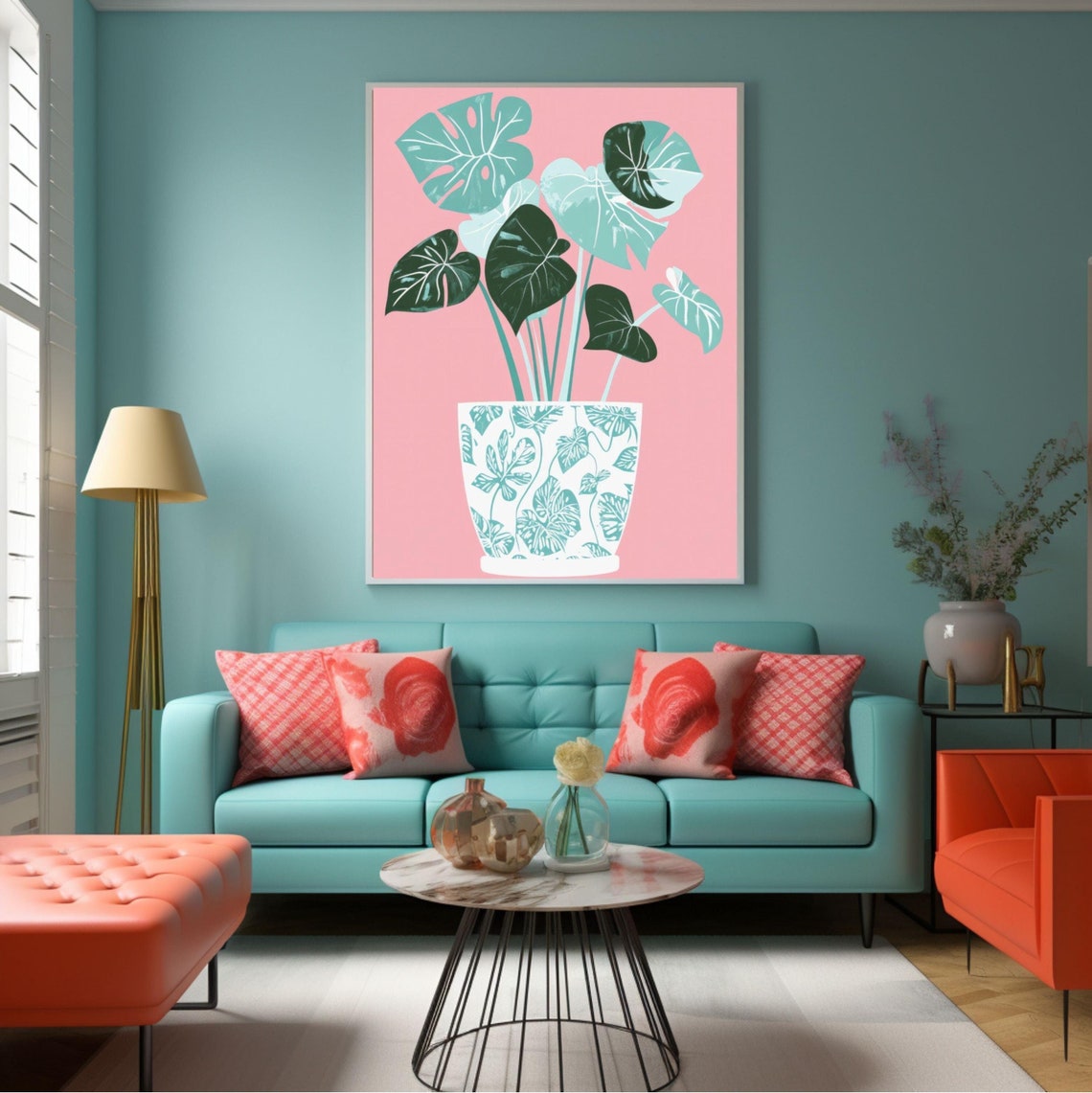 Lush Monstera Leaves in a Patterned Pot on Pink Botanical Poster