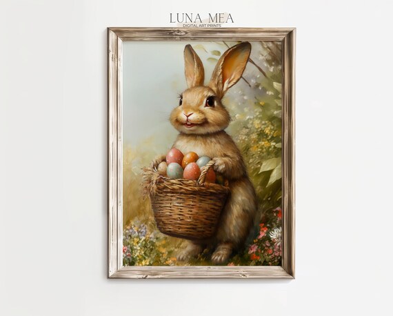 Smiling Easter Bunny Holding Basket Of Painted Eggs Spring Nursery Art Poster