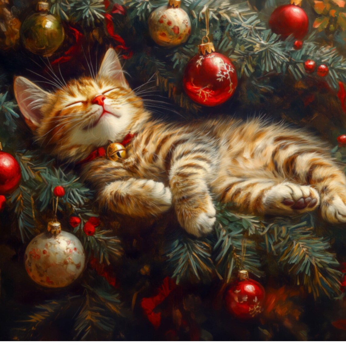 Christmas Cat Sleeping in Tree Vintage Oil Painting Cat Lover Holiday Wall Art - Image 2