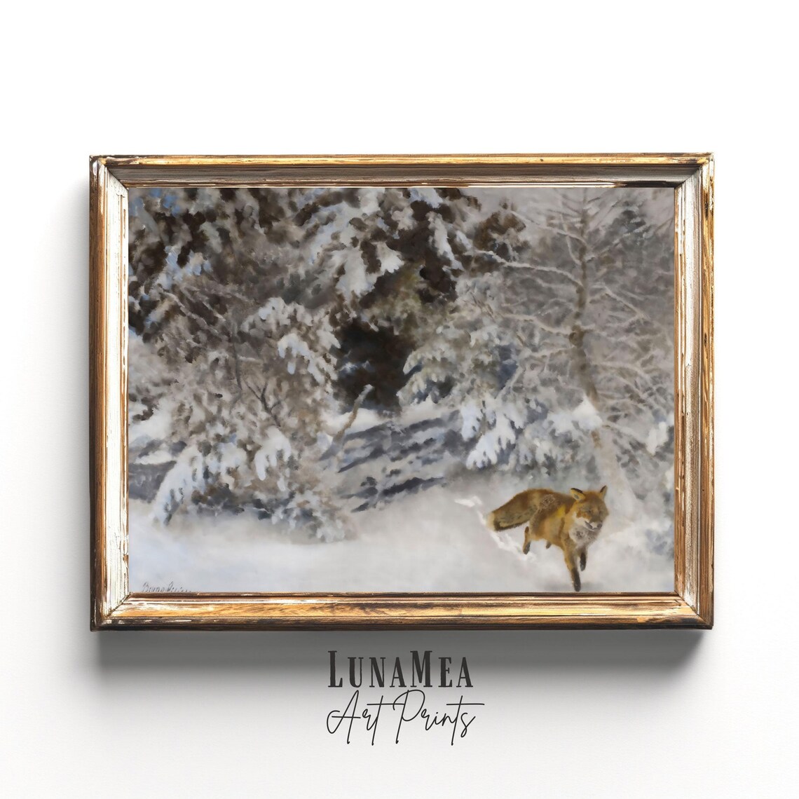 Winter Fox Running Snowy Forest Vintage Landscape Animal Painting Wall Art